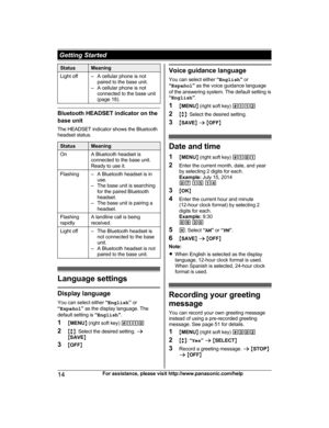 Page 14Status Meaning
Light off – A cellular phone is not paired to the base unit.
– A cellular phone is not connected to the base unit
(page 18). Bluetooth HEADSET indicator on the
b

ase unit
The HEADSET indicator shows the Bluetooth
headset status. Status Meaning
On A Bluetooth headset is c
onnected to the base unit.
Ready to use it.
Flashing – A Bluetooth headset is in u
se.
– The base unit is searching for the paired Bluetooth
headset.
– The base unit is pairing a headset.
Flashing
r
 apidly A landline...