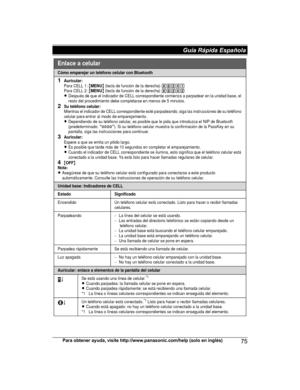 Page 75Para obtener ayuda, visite http://www.panasonic.com/help (solo en inglés)
75Guía Rápida Española TGH26x(en)_1217_ver051.pdf   75
TGH26x(en)_1217_ver051.pdf   75
2013/12/17   18:31:51
2013/12/17   18:31:51Cómo emparejar un teléfono celular con Bluetooth
1Auricular:Para CELL 1: {MENU} (tecla de función de la derecha) (6241Para CELL 2: {MENU} (tecla de función de la derecha) (6242LDespués de que el indicador de CELL correspondiente comienza a parpadear en la unidad base, el 
resto del procedimiento debe...