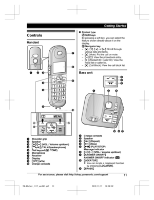 Page 11
Controls
Handset
Shoulder gripSpeakerMjN/MkN  (VOL.: Volume up/down)M/ZN  (TALK/Speakerphone)Dial keypad ( *: TONE)MicrophoneReceiverDisplayMOFF N ()Charge contacts
n Control type Soft keys
By pressing a soft key, you can select the
feature shown directly above it on the
display.
  Navigator key
– MD N,  MC N,  MF N, or  ME N: Scroll through
various lists and items.
– MD N (Mute): Put the call on mute.
– MF N W : View the phonebook entry.
– ME N (Redial/CID: Caller ID): View the
redial list or caller...