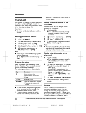 Page 20
PhonebookYou can add 100 names (16 characters max.)
and phone numbers (24 digits max.) to the
phonebook, and assign each phonebook entry
to the desired group (page 20).
Important:
R All entries can be shared by any registered
handset.
Adding phonebook entries
1 MF N W  a  M MENU N
2 Mb N:  “Add new entry ” a  M SELECT N
3 Enter the party’s name.  a M OK N
4 Enter the party’s phone number.  a M OK N
5 Mb N: Select the desired group.  a
M SELECT N 2 times  a M OFF N
Note:
R In step 3, you can switch the...