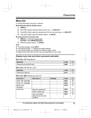 Page 23
Menu list
To access the features, there are 2 methods.
nScrolling through the display menus
1 MMENU N
2 Press  MC N or  MD N to select the desired main menu.  a M SELECT N
3 Press  MC N or  MD N to select the desired item from the next sub-menus.  a M SELECT N
4 Press  MC N or  MD N to select the desired setting.  a M SAVE N
n Using the direct command code
1 MMENU N a  Enter the desired code.
Example:  Press MMENU N#101 .
2 Select the desired setting.  a M SAVE N
Note:
R To exit the operation, press...