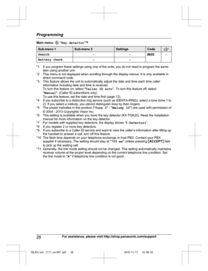 Page 28
Main menu:  “Key detector ”*6
Sub-menu 1Sub-menu 2SettingsCode
Search––#655–
Battery check––
*1 If you program these settings using one of the units, you do not need to program the same
item using another unit.
*2 This menu is not displayed when scrolling through the display menus. It is only available in direct command code.
*3 This feature allows the unit to automatically adjust the date and time each time caller information including date and time is received.
To turn this feature on, select  “Caller...