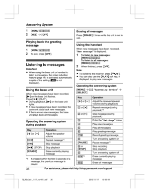 Page 36
1MMENU N#304
2 MYES N a  M OFF N
Playing back the greeting
message
1 MMENU N#303
2 To exit, press  MOFF N.
Listening to messages
Important:
R When using the base unit or handset to
listen to messages, the noise reduction
feature (page 16) is activated automatically
in spite of the setting (
 is not
displayed).
Using the base unit
When new messages have been recorded,
M
N  on the base unit flashes.
Press  MN (PLAY).
R During playback,  MN on the base unit
lights.
R If new messages have been recorded,...