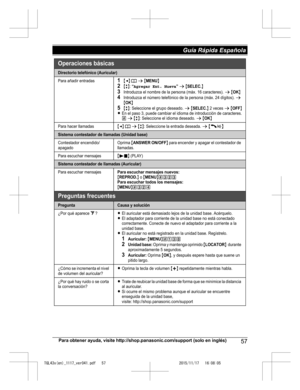 Page 57
Para obtener ayuda, visite http://shop.panasonic.com/support (solo en inglés)57
Guía Rápida Española 

TGL43x(en)_1117_ver041.pdf   572015/11/17   16:08:05Directorio telefónico (Auricular)
Para añadir entradas1{