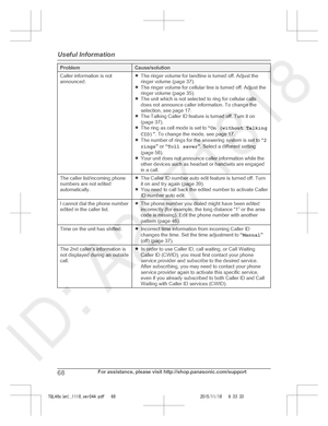 Page 68
ProblemCause/solution
Caller information is not
announced.RThe ringer volume for landline is turned off. Adjust the
ringer volume (page 37).
R The ringer volume for cellular line is turned off. Adjust the
ringer volume (page 35).
R The unit which is not selected to ring for cellular calls
does not announce caller information. To change the
selection, see page 17.
R The Talking Caller ID feature is turned off. Turn it on
(page 37).
R The ring as cell mode is set to  “On (without Talking
CID) ”. To change...