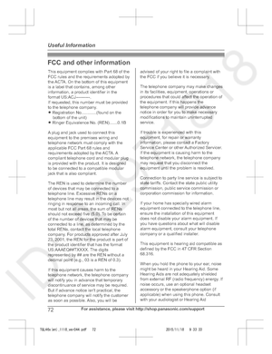 Page 72
FCC and other information
72For assistance, please visit http://shop.panasonic.com/support
Useful Information

TGL46x(en)_1118_ver044.pdf   722015/11/18   9:33:33This equipment complies with Part 68 of the  FCC rules and the requirements adopted by the ACTA. On the bottom of this equipment 
is a label that contains, among other information, a product identifier in the format US:ACJ----------.If requested, this number must be provided 
to the telephone company.L  Registration No.............(found on the...