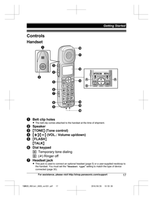 Page 17
Controls
Handset
Belt clip holes
RThe belt clip comes attached to the handset at the time of shipment.
Speaker
MTONE N (Tone control)
MjN /MkN  (VOL.: Volume up/down)
MFLASH N
M TALK N
Dial keypad
*: Temporary tone dialing
0 : (
) Ringer off
Headset jack
RThis jack is used to connect an optional headset (page 5) or a user-supplied neckloop to
the handset. You must set the  “Headset type ” setting to match the type of device
connected (page 30).
For assistance, please visit...