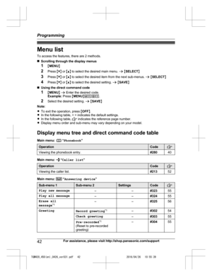 Page 42
Menu list
To access the features, there are 2 methods.
nScrolling through the display menus
1 MMENU N
2 Press  MC N or  MD N to select the desired main menu.  a M SELECT N
3 Press  MC N or  MD N to select the desired item from the next sub-menus.  a M SELECT N
4 Press  MC N or  MD N to select the desired setting.  a M SAVE N
n Using the direct command code
1 MMENU N a  Enter the desired code.
Example:  Press MMENU N#101 .
2 Select the desired setting.  a M SAVE N
Note:
R To exit the operation, press...