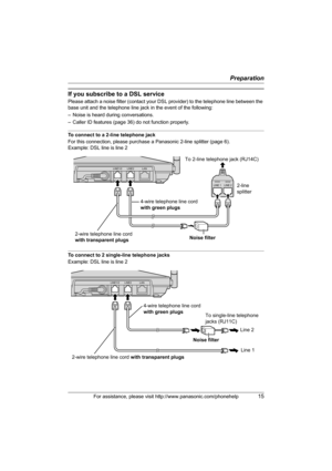 Page 15Preparation
For assistance, please visit http://www.panasonic.com/phonehelp15
If you subscribe to a DSL service
Please attach a noise filter (contact your DSL provider) to the telephone line between the 
base unit and the telephone line jack in the event of the following:
– Noise is heard during conversations.
– Caller ID features (page 36) do not function properly.
To connect to a 2-line telephone jack
For this connection, please purchase a Panasonic 2-line splitter (page 6).
Example: DSL line is line...