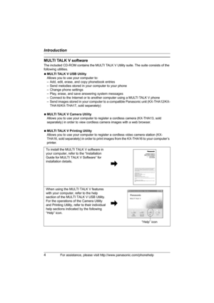 Page 4Introduction
4For assistance, please visit http://www.panasonic.com/phonehelp
MULTI TALK V software
The included CD-ROM contains the MULTI TALK V Utility suite. The suite consists of the 
following utilities.
NMULTI TALK V USB Utility
Allows you to use your computer to:
– Add, edit, erase, and copy phonebook entries
– Send melodies stored in your computer to your phone
– Change phone settings
– Play, erase, and save answering system messages
– Connect to the Internet or to another computer using a MULTI...