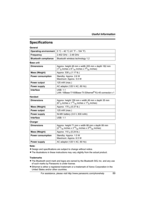 Page 89Useful Information
For assistance, please visit http://www.panasonic.com/phonehelp89
Specifications
General
Base unit
Handset
Charger
Note:
LDesign and specifications are subject to change without notice.
LThe illustrations in these instructions may vary slightly from the actual product.
Trademarks
LThe Bluetooth word mark and logos are owned by the Bluetooth SIG, Inc. and any use 
of such marks by Panasonic is under license.
LEthernet is either a registered trademark or a trademark of Xerox Corporation...