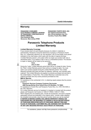 Page 91✄
Useful Information
For assistance, please visit http://www.panasonic.com/phonehelp91
Warranty
PANASONIC CONSUMER 
ELECTRONICS COMPANY, DIVISION 
OF PANASONIC CORPORATION OF 
NORTH AMERICA 
One Panasonic Way, 
Secaucus, New Jersey 07094PANASONIC PUERTO RICO, INC.
San Gabriel Industrial Park, 
Ave. 65 de Infantería, Km. 9.5,
Carolina, Puerto Rico 00985
Panasonic Telephone Products
Limited Warranty
Limited Warranty Coverage
If your product does not work properly because of a defect in materials or...