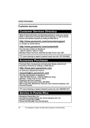 Page 78Useful Information
78For assistance, please visit http://www.panasonic.com/phonehelp
Customer services
Customer Services Directory
Obtain Product Information and Operating Assistance; locate your nearest 
Dealer or Servicenter; purchase Parts and Accessories; or make Customer 
Service and Literature requests by visiting our Web Site at:
http://www.panasonic.com/consumersupport
or, contact us via the web at:
http://www.panasonic.com/contactinfo
You may also contact us directly at: 
1-800-211-PANA...