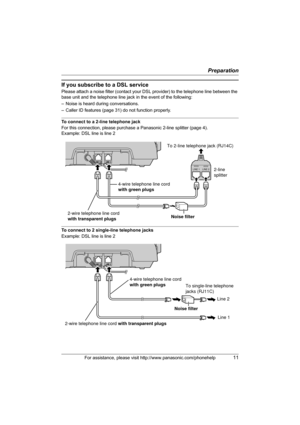 Page 11Preparation
For assistance, please visit http://www.panasonic.com/phonehelp11
If you subscribe to a DSL service
Please attach a noise filter (contact your DSL provider) to the telephone line between the 
base unit and the telephone line jack in the event of the following:
– Noise is heard during conversations.
– Caller ID features (page 31) do not function properly.
To connect to a 2-line telephone jack
For this connection, please purchase a Panasonic 2-line splitter (page 4).
Example: DSL line is line...