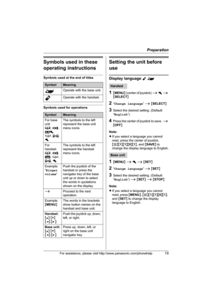 Page 19Preparation
For assistance, please visit http://www.panasonic.com/phonehelp19
Symbols used in these 
operating instructions
Symbols used at the end of titles
Symbols used for operations 
Setting the unit before 
use
Display language Y^
1{MENU} (center of joystick) i h i 
{SELECT}
2“Change language” i {SELECT}
3Select the desired setting. (Default: 
“English”)
4Press the center of joystick to save. i 
{OFF}
Note:
LIf you select a language you cannot 
read, press the center of joystick, 
{#}{1}{1}{0}{1},...