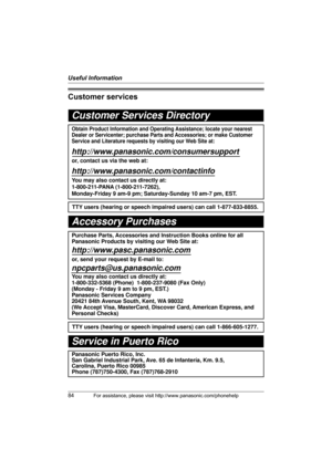 Page 84Useful Information
84For assistance, please visit http://www.panasonic.com/phonehelp
Customer services
Customer Services Directory
Obtain Product Information and Operating Assistance; locate your nearest 
Dealer or Servicenter; purchase Parts and Accessories; or make Customer 
Service and Literature requests by visiting our Web Site at:
http://www.panasonic.com/consumersupport
or, contact us via the web at:
http://www.panasonic.com/contactinfo
You may also contact us directly at: 
1-800-211-PANA...