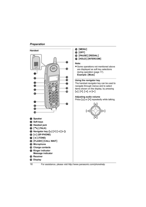 Page 16Preparation
16For assistance, please visit http://www.panasonic.com/phonehelp
Handset
ASpeaker
BSoft keys
CHeadset jack
D{C} (TALK)
ENavigator key ({^} {V} {})
F{s} (SP-PHONE)
G{*} (TONE)
H{FLASH} {CALL WAIT}
IMicrophone
JCharge contacts
KRinger indicator
Message indicator
LReceiver
MDisplayN{MENU}
O{OFF}
P{PAUSE} {REDIAL}
Q{HOLD} {INTERCOM}
Note:
LSome operations not mentioned above 
are displayed as soft key selections 
during operation (page 17).
Example: {Mute}
Using the navigator key
The handset...