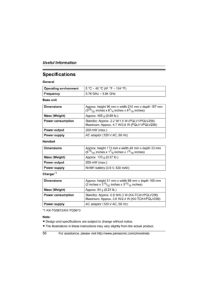 Page 58Useful Information
58For assistance, please visit http://www.panasonic.com/phonehelp
Specifications
General
Base unit
Handset
Charger
*1
*1 KX-TG5672/KX-TG5673
Note:
LDesign and specifications are subject to change without notice.
LThe illustrations in these instructions may vary slightly from the actual product. Operating environment5 °C – 40 °C (41 °F – 104 °F)
Frequency5.76 GHz – 5.84 GHz
DimensionsApprox. height 96 mm x width 210 mm x depth 157 mm
(3
25/32 inches x 81/4 inches x 63/16 inches)
Mass...