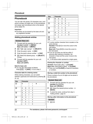 Page 22
PhonebookYou can add 100 names (16 characters max.) and
phone numbers (24 digits max.) to the phonebook,
and assign each phonebook entry to the desired
group (page 23).
Important:
R All entries can be shared by the base unit and
any registered handset.
Adding phonebook entries
Handset / Base unit
1 Proceed with the operation for your unit.
Handset:  M F N 
 a  M MENU N
Base unit:  MN  a  M MENU N
2 Mb N:  “Add new entry ” a  M SELECT N
3 Enter the party’s name.  a M OK N
4 Enter the party’s phone...