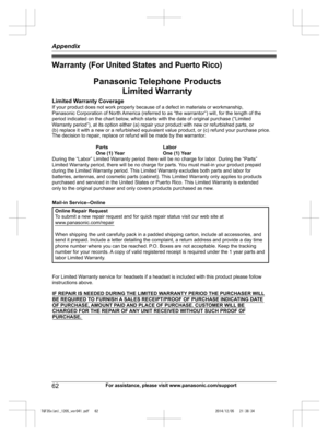 Page 62
Warranty (For United States and Puerto Rico)
62For assistance, please visit www.panasonic.com/support
Appendix

TGF35x(en)_1205_ver041.pdf   622014/12/05   21:38:34Limited Warranty Coverage 
If your product does not work properly because of a defect in materials or workmanship, 
Panasonic Corporation of North America (referred to as “the warrantor”)  will, for the length of the 
period indicated on the chart below, which starts with the  date of original purchase (“Limited 
Warranty period”), at its...