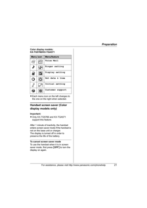 Page 21Preparation
For assistance, please visit http://www.panasonic.com/phonehelp21
Color display models: 
KX-TG5766/KX-TGA571
LEach menu icon on the left changes to 
the one on the right when selected.
Handset screen saver (Color 
display models only)
Important:
LOnly KX-TG5766 and KX-TGA571 
support this feature.
After 1 minute of inactivity, the handset 
enters screen saver mode if the handset is 
not on the base unit or charger.
The display is turned off in order to 
preserve the life of the battery.
To...