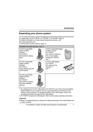 Page 7Introduction
For assistance, please visit http://www.panasonic.com/phonehelp7
Expanding your phone system
You can expand the phone system by registering the following handsets and other devices 
to a single base unit (KX-TG5761, KX-TG5766, or KX-TG5767): max. 8
For further information or to order these handsets and devices, visit 
http://www.panasonic.com
or call the phone number noted on page 10.
*1 By registering the 5.8 GHz USB adaptor KX-TGA575 to your base unit and installing 
Skype software to your...