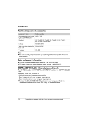 Page 10Introduction
10For assistance, please visit http://www.panasonic.com/phonehelp
Additional/replacement accessories
Note:
LYou can expand your phone system by registering additional compatible Panasonic 
units (page 7).
Sales and support information
LTo order additional/replacement accessories, call 1-800-332-5368.
LTTY users (hearing or speech impaired users) can call 1-866-605-1277.
GIGARANGE® USB utility (Color display models only)
The CD-ROM included with KX-TG5766 and KX-TGA571 contains the GIGARANGE...