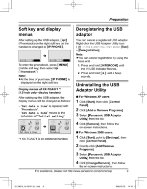 Page 9
For assistance, please visit http://www.panasonic.com/phonehelp9
Preparation

Soft key and display 
menus
After setting up the USB adaptor, {C} 
(Phonebook) on the right soft key on the 
handset is changed to {IP PHONE}.

To enter the phonebook, press {MENU} 
(middle soft key) then select C 
(“Phonebook”).
Note:
L�At the time of purchase, {IP PHONE} is 
displayed on the right soft key.
Display menus of KX-TGA571 *1 
(1.5 inch color display handset)
After setting up the USB adaptor, the 
display menus...