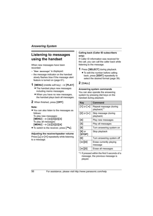 Page 56Answering System
56For assistance, please visit http://www.panasonic.com/help
Listening to messages 
using the handset
When new messages have been 
recorded:
–“New message” is displayed.
– the message indicator on the handset 
slowly flashes blue if the message alert 
feature is turned on (page 61).
1{MENU} (middle soft key) i {PLAY}
LThe handset plays new messages 
including memo messages.
LWhen you have no new messages, 
the handset plays back all messages.
2When finished, press {OFF}.
Note:
LYou can...