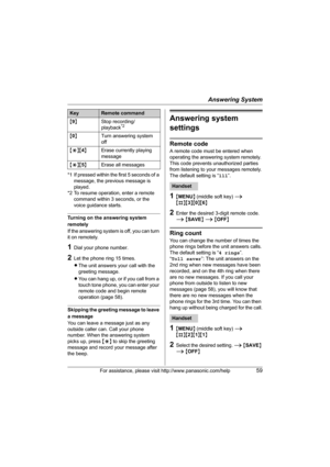 Page 59Answering System
For assistance, please visit http://www.panasonic.com/help59
*1 If pressed within the first 5 seconds of a 
message, the previous message is 
played.
*2 To resume operation, enter a remote 
command within 3 seconds, or the 
voice guidance starts.
Turning on the answering system 
remotely
If the answering system is off, you can turn 
it on remotely.
1Dial your phone number.
2Let the phone ring 15 times.
LThe unit answers your call with the 
greeting message.
LYou can hang up, or if you...