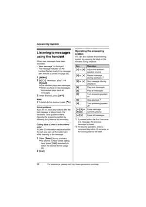 Page 32Answering System
32For assistance, please visit http://www.panasonic.com/help
Listening to messages 
using the handset
When new messages have been 
recorded:
–“New message” is displayed.
– The message indicator on the 
handset flashes slowly if the message 
alert feature is turned on (page 35).
1{MENU}
2{V}/{^}: “Message play” i 
{Select}
LThe handset plays new messages.
LWhen you have no new messages, 
the handset plays back all 
messages.
3When finished, press {OFF}.
Note:
LTo switch to the receiver,...