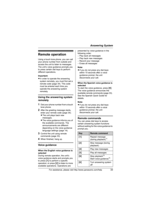 Page 33Answering System
For assistance, please visit http://www.panasonic.com/help33
Remote operation
Using a touch tone phone, you can call 
your phone number from outside and 
access the unit to listen to messages. 
The unit’s voice guidance prompts you 
to press certain dial keys to perform 
different operations.
Important:
LIn order to operate the answering 
system remotely, you must first set a 
remote code (page 34). This code 
must be entered each time you 
operate the answering system 
remotely.
Using...