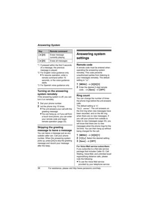 Page 34Answering System
34For assistance, please visit http://www.panasonic.com/help
*1 If pressed within the first 5 seconds 
of a message, the previous 
message is played.
*2 For English voice guidance only 
LTo resume operation, enter a 
remote command within 15 
seconds, or the voice guidance 
starts.
*3 For Spanish voice guidance only
Turning on the answering 
system remotely
If the answering system is off, you can 
turn it on remotely.
1Dial your phone number.
2Let the phone ring 15 times.
LThe unit...