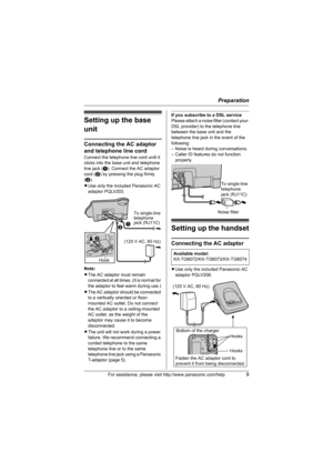 Page 9Preparation
For assistance, please visit http://www.panasonic.com/help9
Setting up the base 
unit
Connecting the AC adaptor 
and telephone line cord
Connect the telephone line cord until it 
clicks into the base unit and telephone 
line jack (A). Connect the AC adaptor 
cord (B) by pressing the plug firmly 
(C).
LUse only the included Panasonic AC 
adaptor PQLV203.
Note:
LThe AC adaptor must remain 
connected at all times. (It is normal for 
the adaptor to feel warm during use.)
LThe AC adaptor should be...