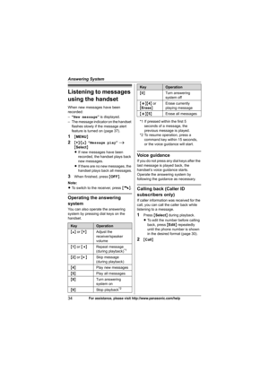 Page 34Answering System
34For assistance, please visit http://www.panasonic.com/help
Listening to messages 
using the handset
When new messages have been 
recorded:
–“New message” is displayed.
– The message indicator on the handset 
flashes slowly if the message alert 
feature is turned on (page 37).
1{MENU}
2{V}/{^}: “Message play” i 
{Select}
LIf new messages have been 
recorded, the handset plays back 
new messages.
LIf there are no new messages, the 
handset plays back all messages.
3When finished, press...