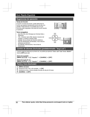 Page 3636Para obtener ayuda, visite http://shop.panasonic.com/support (solo en inglés) Guía Rápida EspañolaSugerencias de operación
Teclas de funciónAl oprimir una tecla de función, puede seleccionar la  
función que aparece directamente encima de ella en la 
pantalla. Preste atención a la pantalla para ver qué  
funciones están asignadas a las teclas de función durante  
la operación.
Tecla navegadora{^}, {V}, {}: Navegue por diversas listas y 
elementos.
VOL. (Volumen: {^} o {V}): Ajuste el volumen del...