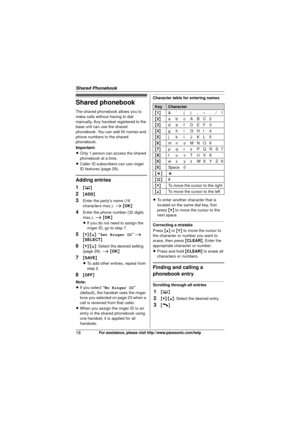 Page 18Shared Phonebook
18For assistance, please visit http://www.panasonic.com/help
Shared phonebook
The shared phonebook allows you to 
make calls without having to dial 
manually. Any handset registered to the 
base unit can use the shared 
phonebook. You can add 50 names and 
phone numbers to the shared 
phonebook.
Important:
LOnly 1 person can access the shared 
phonebook at a time.
L Caller ID subscribers can use ringer 
ID features (page 29).
Adding entries
1
{C }
2{ADD}
3Enter the party’s name (16...
