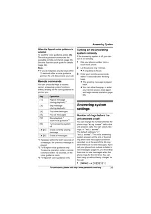 Page 35Answering System
35For assistance, please visit http://www.panasonic.com/help
When the Spanish voice guidance is 
selected
To start the voice guidance, press {9 }. 
The voice guidance announces the 
available remote commands (page 35). 
See the Spanish quick guide for details 
(page 52).
Note:
L If you do not press any dial keys within 
15 seconds after a voice guidance 
prompt, the unit disconnects your call.
Remote commands
You can press dial keys to access 
certain answering system functions 
without...