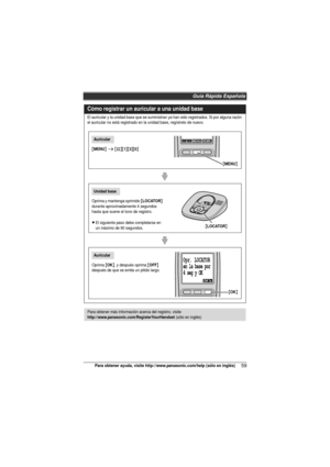 Page 59Guía Rápida Española
59Para obtener ayuda, visite http://www.panasonic.com/help (sólo en inglés)
Cómo registrar un auricular a una unidad base
El auricular y la unidad base que se suministran ya han sido registrados. Si por alguna razón 
el auricular no está registrado en la unidad base, regístrelo de nuevo.
{MENU} i {#}{1}{3}{0}
Oprima y mantenga oprimido {LOCATOR} 
durante aproximadamente 4 segundos 
hasta que suene el tono de registro.
LEl siguiente paso debe completarse en 
un máximo de 90 segundos....