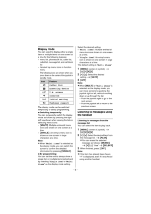Page 5– 5 –
Display mode
You can select to display either a single 
item or multiple items on one screen at 
a time for the following features:
– menu list, phonebook list, caller list, redial list, message list, and call block 
list
– handset top menu icons in function  menu
The following icons are shown when you 
press down on the center of the joystick in 
standby mode.
The display mode can be switched 
temporarily or set by programming.
NSwitching temporarily:
You can temporarily switch the display 
mode...