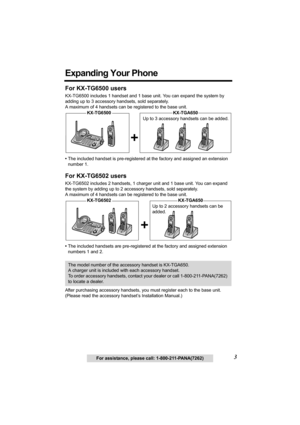 Page 33For assistance, please call: 1-800-211-PANA(7262)
Expanding Your Phone
For KX-TG6500 users
KX-TG6500 includes 1 handset and 1 base unit. You can expand the system by 
adding up to 3 accessory handsets, sold separately. 
A maximum of 4 handsets can be registered to the base unit. 
•The included handset is pre-registered at the factory and assigned an extension 
number 1. 
For KX-TG6502 users
KX-TG6502 includes 2 handsets, 1 charger unit and 1 base unit. You can expand 
the system by adding up to 2...