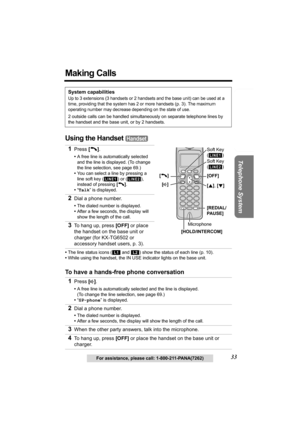 Page 33Useful Information Answering System Preparation
33
Telephone System
For assistance, please call: 1-800-211-PANA(7262)
Making Calls
Using the Handset 
System capabilities
Up to 3 extensions (3 handsets or 2 handsets and the base unit) can be used at a 
time, providing that the system has 2 or more handsets 
(p. 3). The maximum 
operating number may decrease depending on the state of use.
2 outside calls can be handled simultaneously on separate telephone lines by 
the handset and the base unit, or by 2...