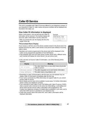 Page 41Useful Information Answering System Preparation
41
Telephone System
For assistance, please call: 1-800-211-PANA(7262)
Caller ID Service
This unit is compatible with Caller ID services offered by your telephone company. If 
you subscribe to Caller ID, caller names and phone numbers will be displayed and 
recorded in the Caller List.
How Caller ID information is displayed
When a call comes in, the unit will ring and Caller ID 
information will be received. The handset display will 
show the caller’s...