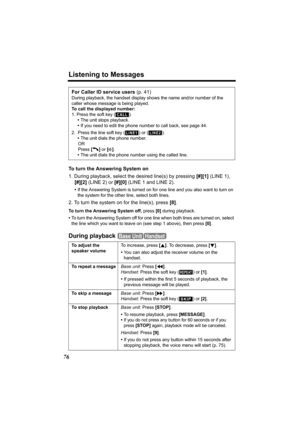 Page 76Listening to Messages
76
To turn the Answering System on
1. During playback, select the desired line(s) by pressing [#][1] (LINE 1), 
[#][2] (LINE 2) or [#][0] (LINE 1 and LINE 2).
•If the Answering System is turned on for one line and you also want to turn on 
the system for the other line, select both lines.
2. To turn the system on for the line(s), press [8].
To turn the Answering System off, press [0] during playback.
•To turn the Answering System off for one line when both lines are turned on,...