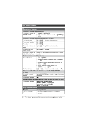 Page 58Guía Rápida Española
58Para obtener ayuda, visite http://www.panasonic.com/help (solo en inglés)
Cómo hacer y contestar llamadas (Auricular)
Para ajustar el volumen del 
timbre del auricular1{MENU} i {#}{1}{6}{0}
2{V}/{^}: Seleccione el volumen deseado. i{GUARDA}i {OFF}
Cómo hacer y contestar llamadas (Unidad base): serie KX-TG6541
Para hacer llamadas{SP-PHONE} i Marque el número telefónico.
Para contestar llamadas{SP-PHONE}
Para colgar{SP-PHONE}
Para ajustar el volumen del 
altavozOprima {^} o {V}...