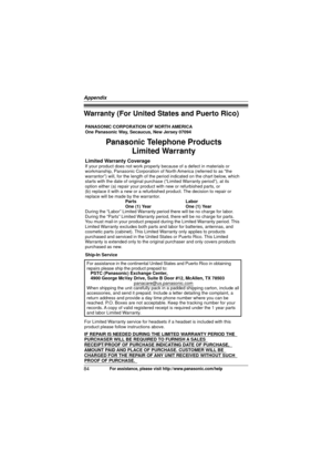 Page 84Appendix
84For assistance, please visit http://www.panasonic.com/help
Warranty (For United States and Puerto Rico)
PANASONIC CORPORATION OF NORTH AMERICA 
One Panasonic Way, Secaucus, New Jersey 07094
Limited Warranty CoverageIf your product does not work properly because of a defect in materials \
or 
workmanship, Panasonic Corporation of North America (referred to as “the 
warrantor”) will, for the length of the period indicated on the char\
t below, which 
starts with the date of original purchase...