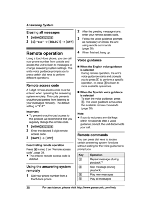 Page 38Erasing all messages
1
MM
ENUN#325
2 Mb N:  “Yes ” a  M SELECT N a  M OFF N Remote operation
U

sing a touch-tone phone, you can call
your phone number from outside and
access the unit to listen to messages or
change answering system settings. The
unit’s voice guidance prompts you to
press certain dial keys to perform
different operations. Remote access code
A

 3-digit remote access code must be
entered when operating the answering
system remotely. This code prevents
unauthorized parties from listening...
