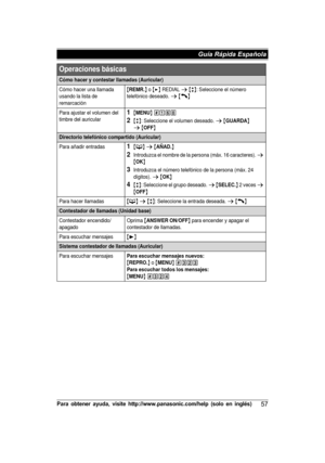 Page 57Para  o bte n er  a yu da,  v is it e  h ttp ://w ww.p an aso nic .c o m /h elp  (s o lo  e n  in glé s)57 Guía Rápida Española Cómo hacer y contestar llamadas (Auricular)
Cómo hacer una llamada 
usando la lista de 
remarcación{REMR.} o {>} REDIAL s {r}: Seleccione el número 
telefónico deseado. s {C}
Para ajustar el volumen del 
timbre del auricular1{MENU} (16)
2{r}: Seleccione el volumen deseado. s {GUARDA}s {OFF}
Directorio telefónico compartido (Auricular)
Para añadir entradas1{C} s {AÑAD.}...