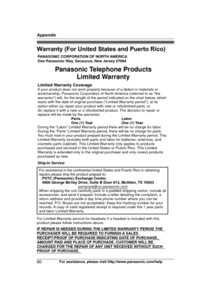 Page 60Warranty (For United States and Puerto Rico)
60
For assistance, please visit http://www.panasonic.com/helpAppendixPANASONIC CORPORATION OF NORTH AMERICA 
One Panasonic Way, Secaucus, New Jersey 07094
Limited Warranty CoverageIf your product does not work properly because of a defect in materials or 
workmanship, Panasonic Corporation of North America (referred to as “the 
warrantor”) will, for the length of the period indicated on the chart below, which 
starts with the date of original purchase...