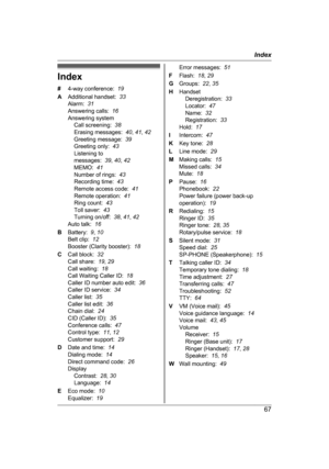 Page 67Index
#
4
-way conference:   19
A Additional handset:   33
Alarm:   31
Answering calls:   16
Answering system Call screening:   38
Erasing messages:   40, 41 , 42
Greeting message:   39
Greeting only:   43
Listening to
messages:   39, 40 , 42
MEMO:   41
Number of rings:   43
Recording time:   43
Remote access code:   41
Remote operation:   41
Ring count:   43
Toll saver:   43
Turning on/off:   38, 41 , 42
Auto talk:   16
B Battery:   9, 10
Belt clip:   12
Booster (Clarity booster):   18
C Call block:...